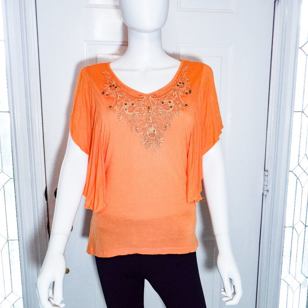 PHOOL BRIGHT ORANGE FLUTTER SLEEVE TOP W/ CROCHET SEQUIN FRONT - MEDIUM